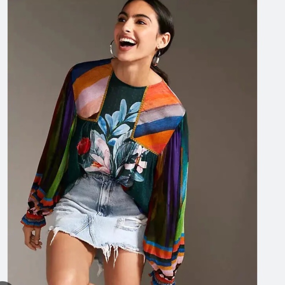 Anthropologie Multicolor Floral Patchwork Blouse - Green, Purple, Orange, Blue